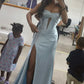 Light blue tube top waist fishbone sexy hip-wrapped maxi dress, prom dress R5382