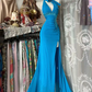 Blue halter-neck, fitted waist, bodycon silhouette, and sexy long ball gown with a slit R7799