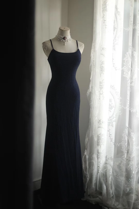 Navy blue halter-neck backless sexy long ball gown R6811