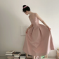 Champagne pink spaghetti strap, waist‑cinching, slim‑fit A‑line long elegant ball gown R7997
