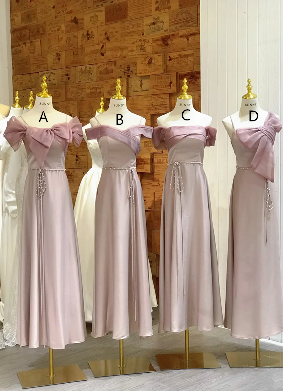 Pink Pink satin waist-cinched slim-fit ball gown, bridesmaid dress R5933