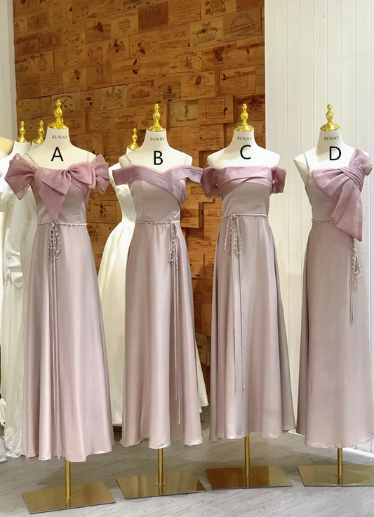 Pink Pink satin waist-cinched slim-fit ball gown, bridesmaid dress R5933