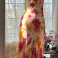 Pink printed suspender dress with slim waist and irregular skirt, prom dress R5422