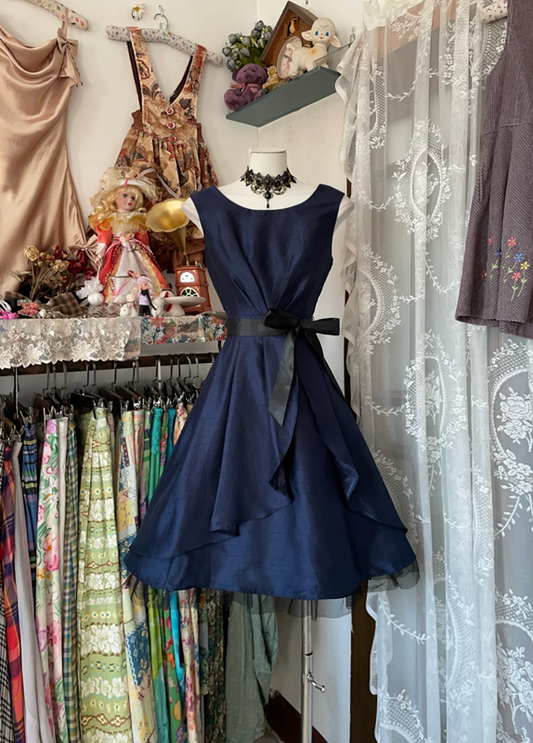 Navy blue sleeveless fitted A-line mini ball gown R6332