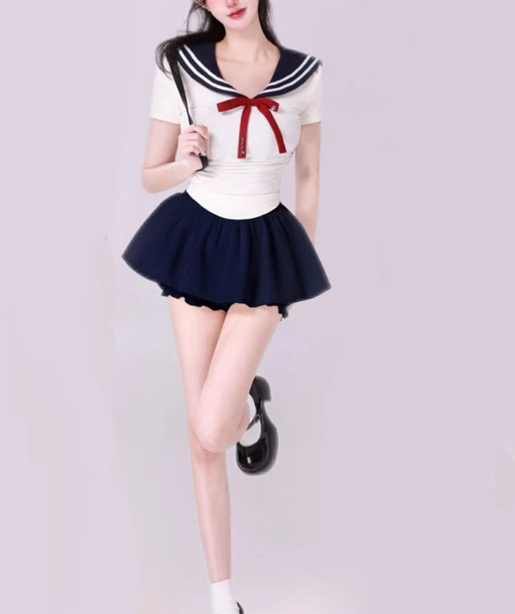 College style navy collar short slim fit top 2025 sweet and spicy puffy skirt suit R1051