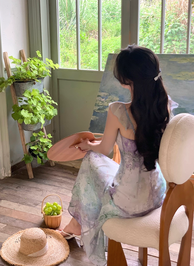 Beautiful oil painting style fishtail long skirt summer French retro gradient irregular suspender dress R4340