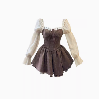 French retro long-sleeved bow dress 2025 plus size sweet plaid patchwork short skirt R1210