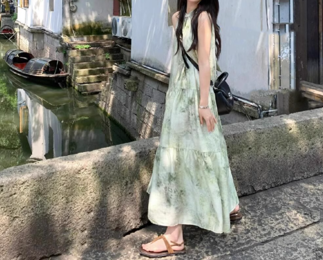 Ink painting halter neck dress seaside holiday style retro cool temperament skirt R0765