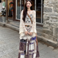 Fairy ethnic style wear hollow knitted lace cardigan floral skirt two-piece suit R1717
