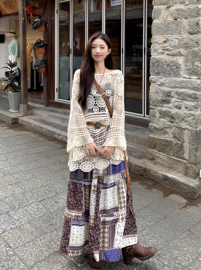 Fairy ethnic style wear hollow knitted lace cardigan floral skirt two-piece suit R1717