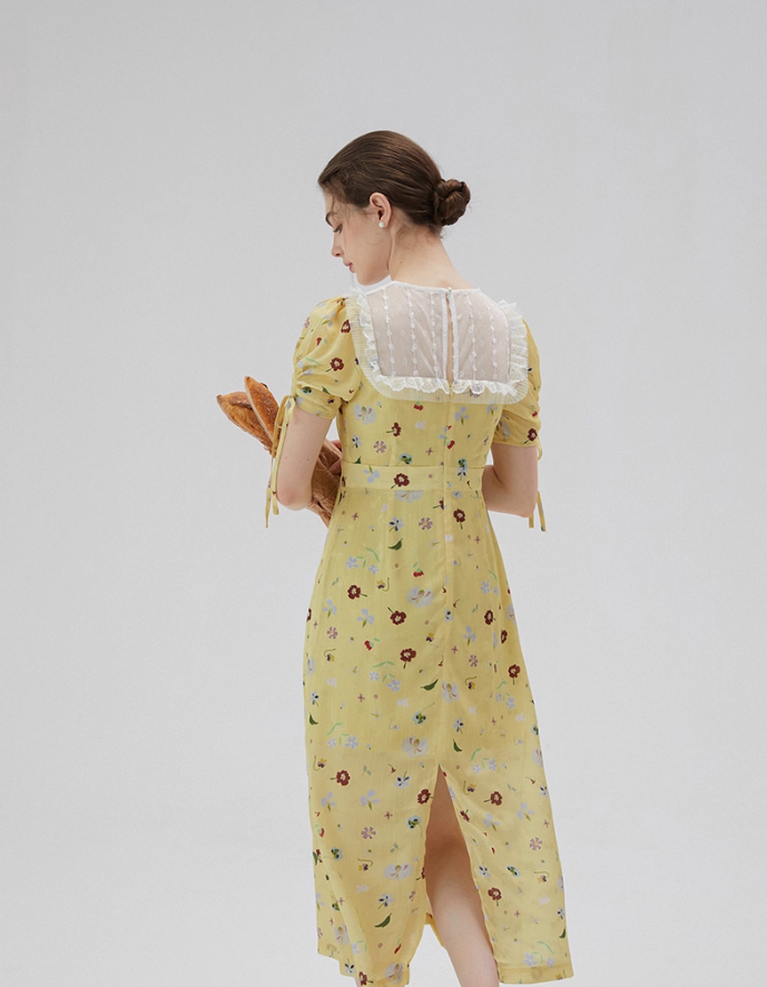 French yellow tea dress retro floral dress lace holiday dress for women R3558
