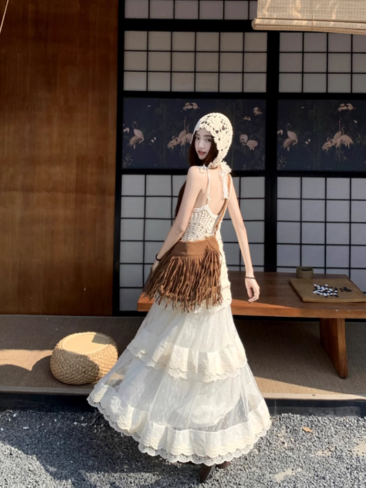 Fairy temperament wear a complete set of lace suspenders knitted vest skirt layered wear R1734