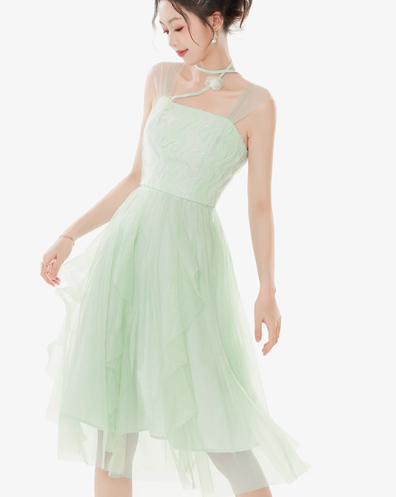 Women's summer suspender dress with ruffled sleeveless niche temperament mid-length skirt R4179