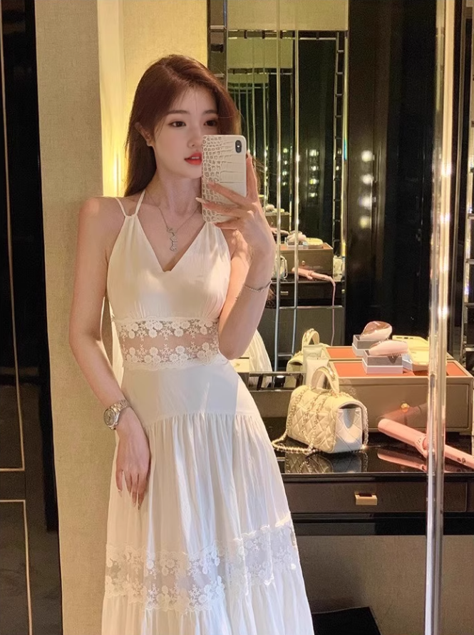 Temperament lace suspender dress waist dress long skirt R0488