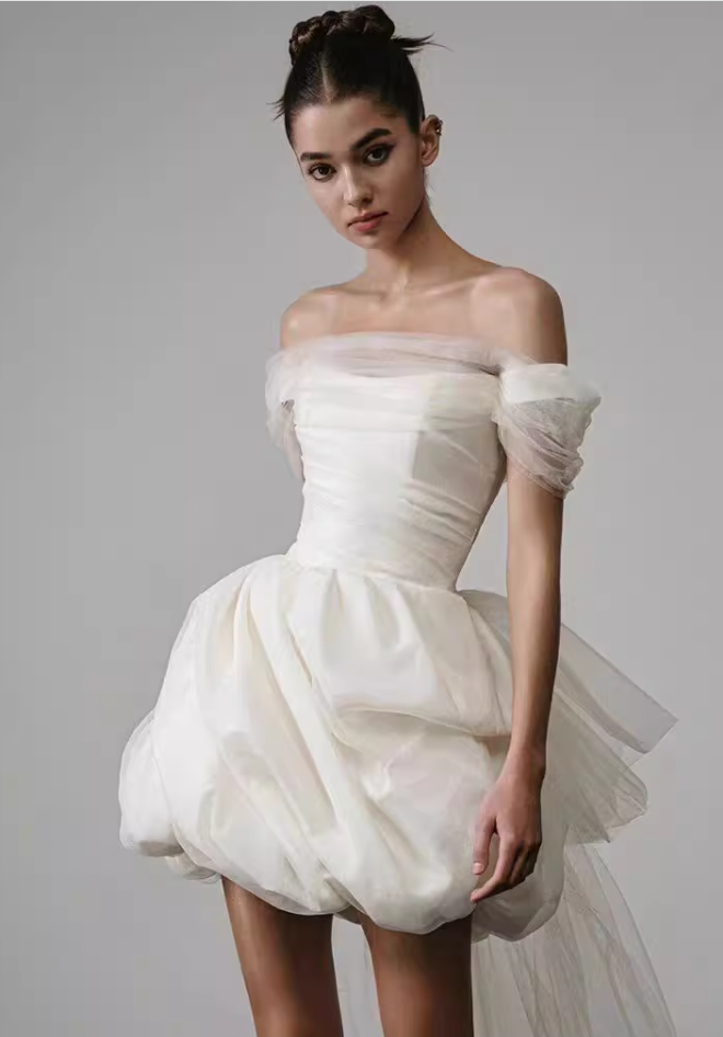 French White Satin One Shoulder Evening Gown Homecoming Dress R2978