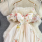 Tube Top Suspender Dress French Lady Style Waist Slimming Medium Length A-Line Printed Dress R0325