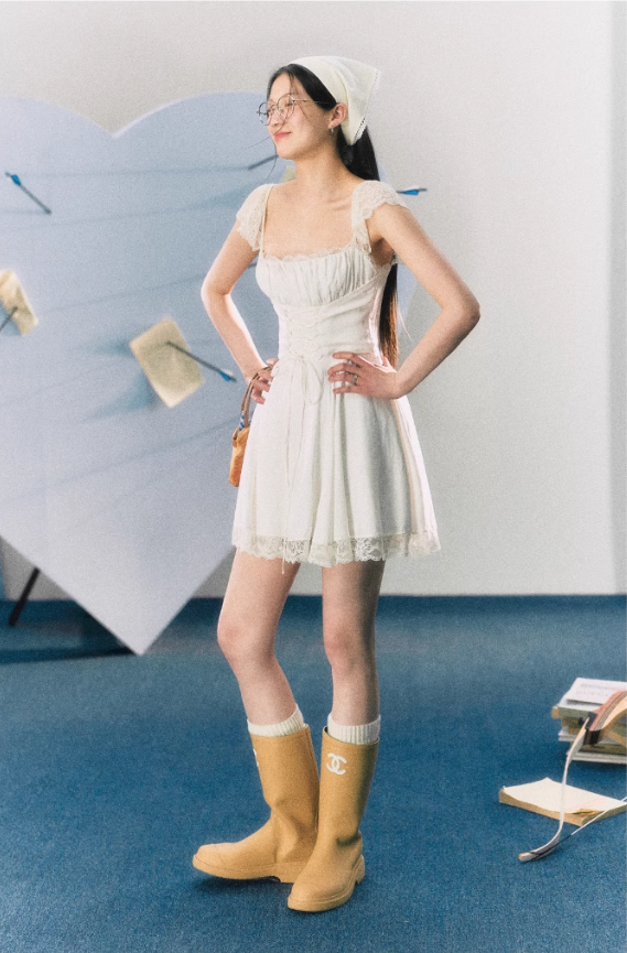 French pure desire style white lace waist slimming suspender dress R3321