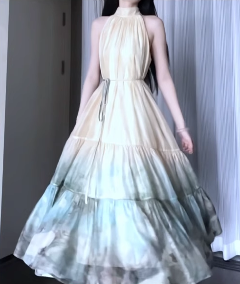 Sleeveless halter dress with beautiful temperament and waist A-line long skirt R0766