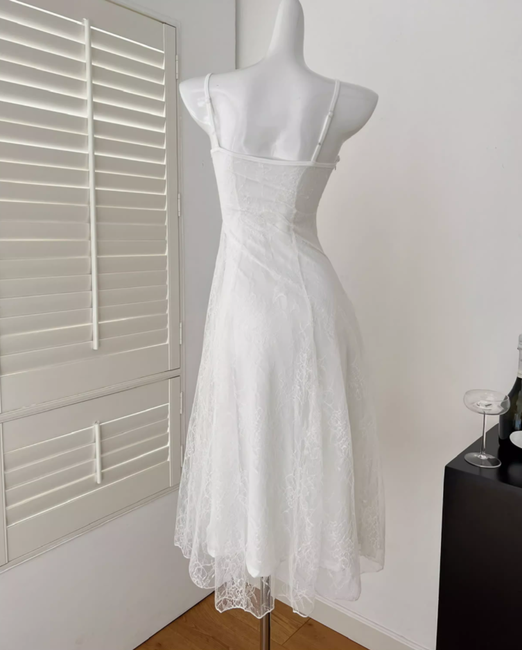 French seaside suspender dress white beautiful lace fishtail dress long skirt R2019