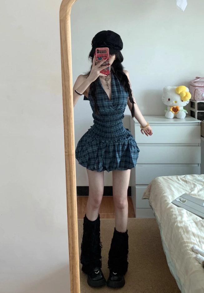 American style dress sleeveless halter top, checkered top, short skirt design, homecoming dress R2991