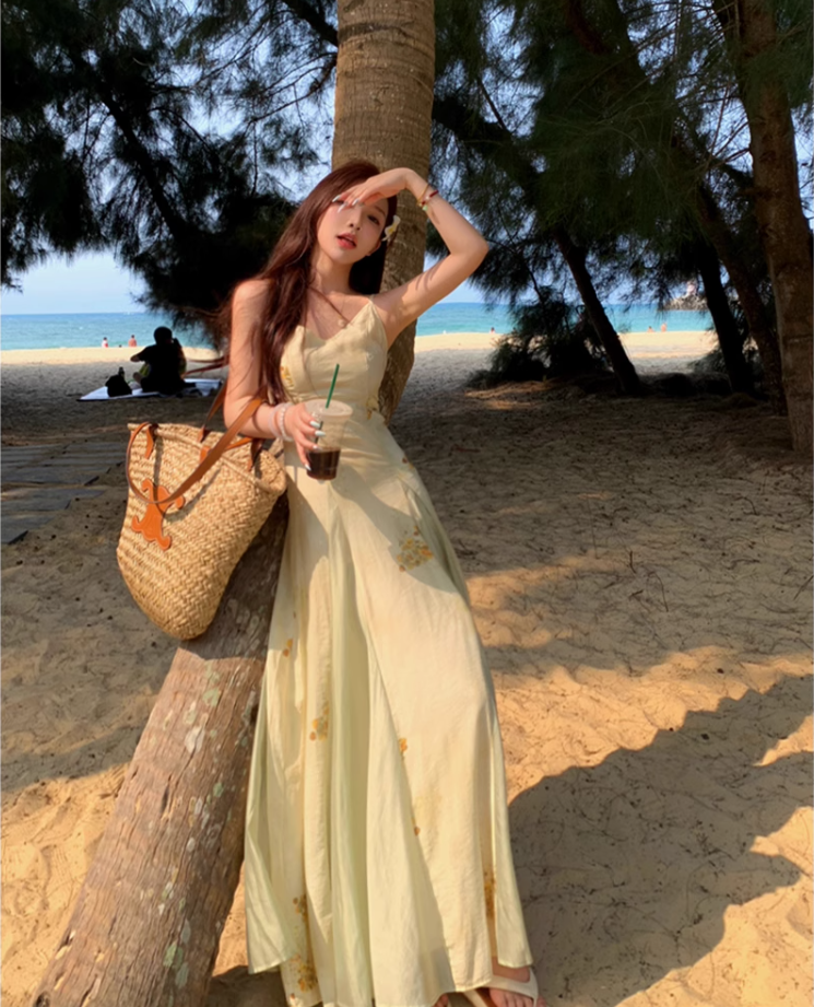 Printed suspender dress Chinese style women's clothing small size big swing v-neck long dress R1708