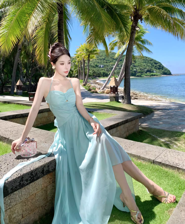 Travel wear fairy air backless dress seaside vacation dopamine green fairy long skirt R1594