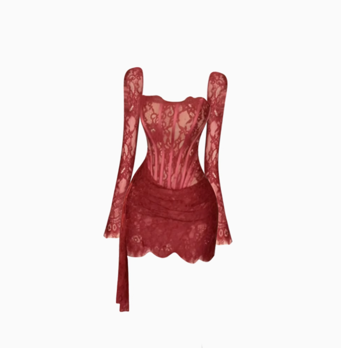 Pure desire hot girl lace fishbone long-sleeved dress 2025 waist hip ribbon skirt R1085