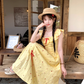 Long ruffled square neck waist dress for women summer French temperament A-line skirt R4744