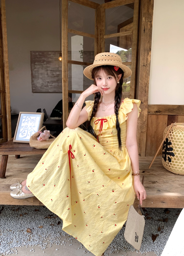 Long ruffled square neck waist dress for women summer French temperament A-line skirt R4744