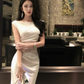 Satin off-shoulder dress, slim fit, waist-hugging, hip-hugging suspender long dress R1502