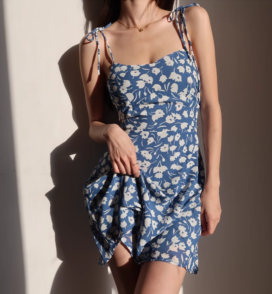 Retro girl slim fit floral dress waist suspender dress short skirt R2824