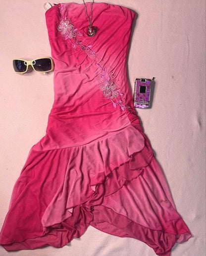 Pink gradient tube top slim fit irregular skirt dress homecoming dress R2663