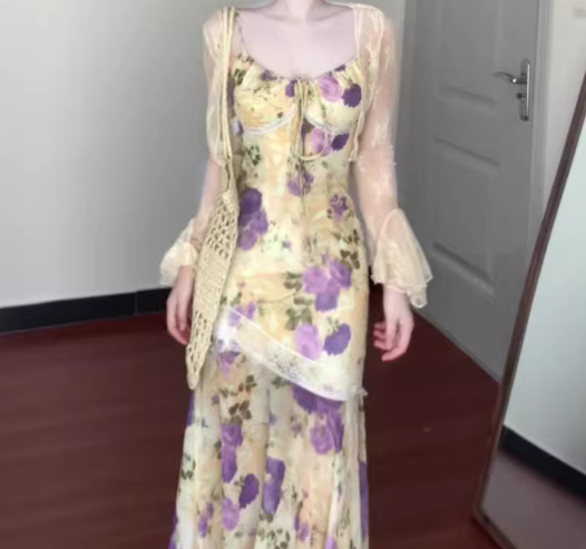 Suspender floral dress beautiful small skirt gentle temperament waist fishtail skirt R0664