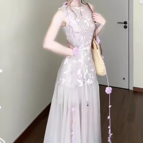 Purple mesh jacquard vest dress temperament waist A-line long skirt R0733