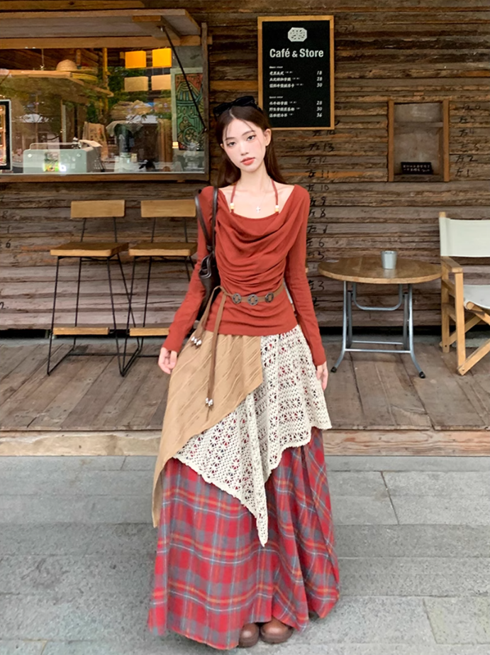 Fairy outfit two-piece suit design halter neck t-shirt fake two-piece plaid skirt suit R1699