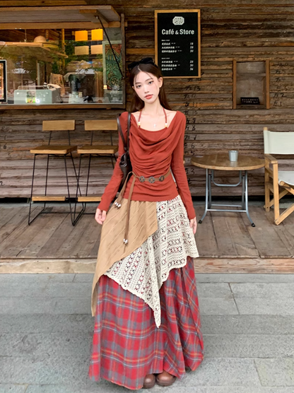 Fairy outfit two-piece suit design halter neck t-shirt fake two-piece plaid skirt suit R1699
