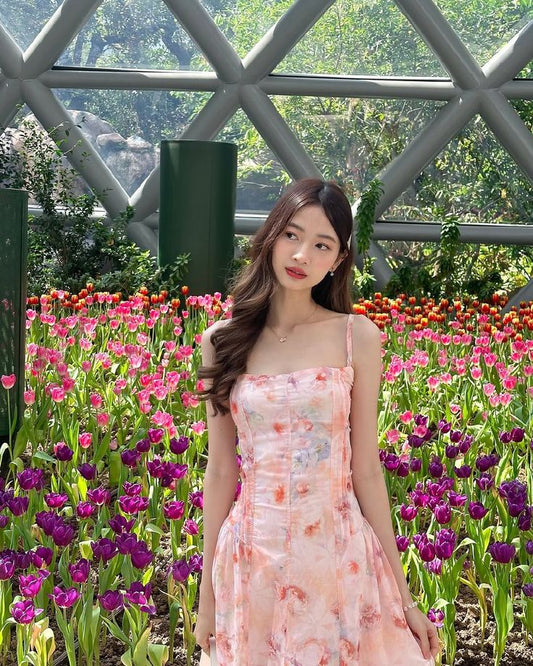 Pink floral suspenders, slim waist, gentle and charming mini skirt, homecoming dress R4047