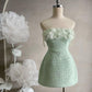 Light green tube top neckline three-dimensional flower waist slimming A-line short skirt homecoming dress R3359