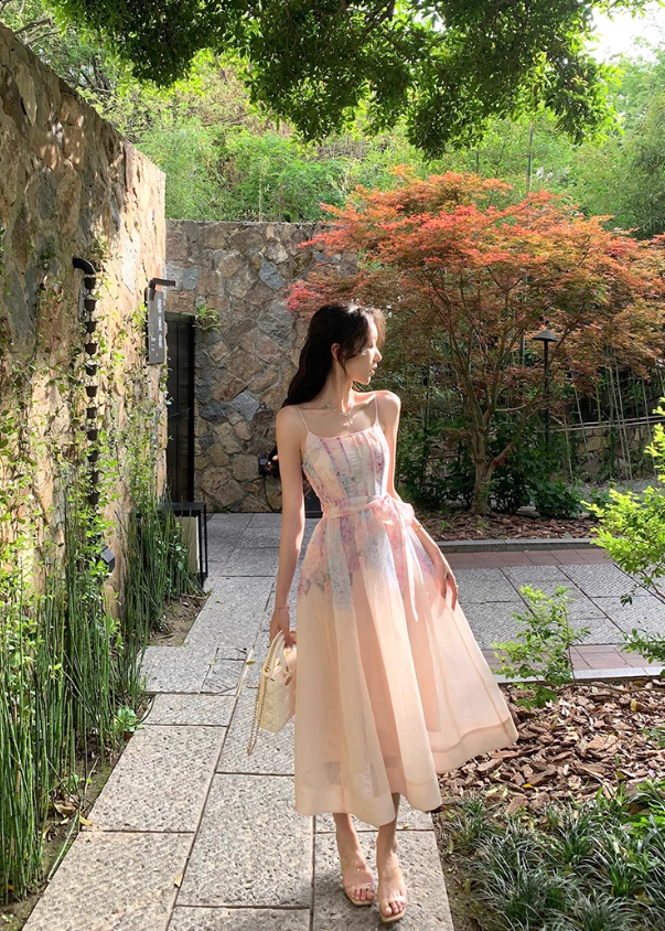 Fresh and elegant gradient print dress female 2025 new French gentle style flower suspender skirt R4380