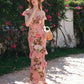 Pink retro rose print one-shoulder slim waist long dress homecoming dress R3251