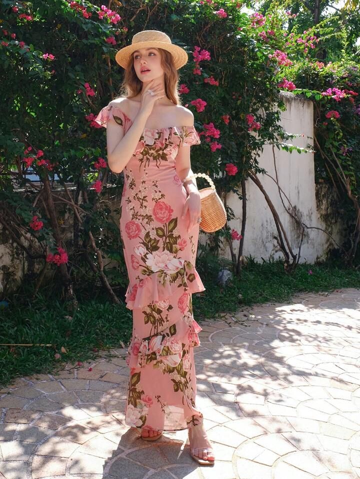 Pink retro rose print one-shoulder slim waist long dress homecoming dress R3251