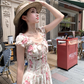 Long waist square neck printed suspender dress for women summer French temperament skirt R4745