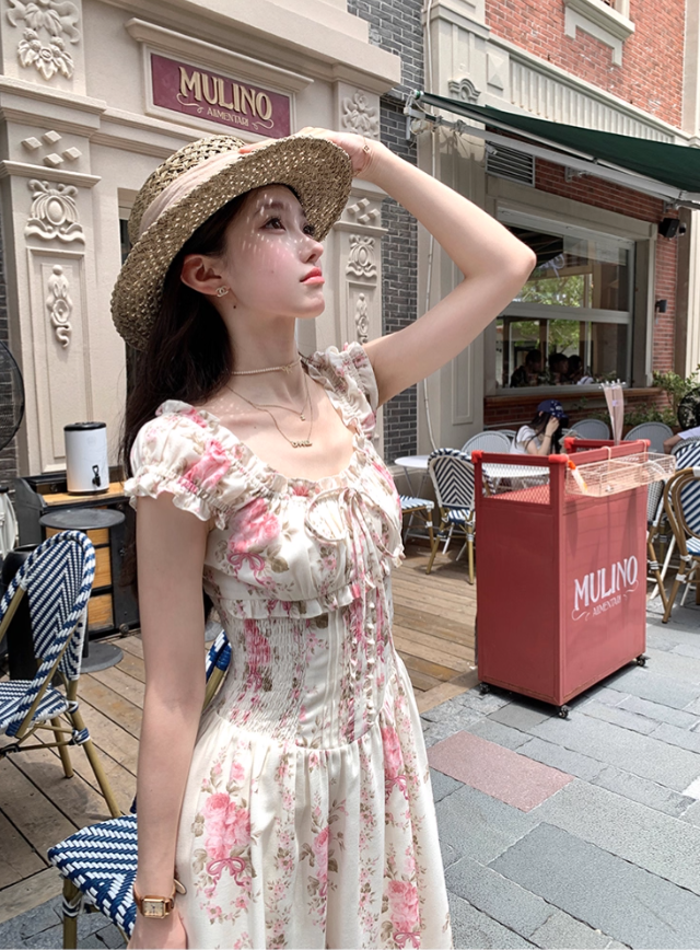 Long waist square neck printed suspender dress for women summer French temperament skirt R4745