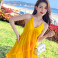 Yellow V-neck design backless dress tutu skirt irregular pleated beach suspender dress R0200