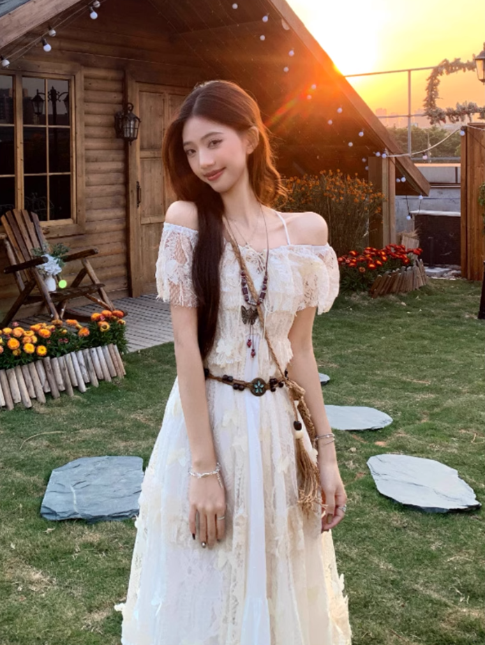 French fairy temperament holiday v-neck suspender dress lace blouse two-piece outfit R1735