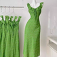 2025 Spring and Summer New V-neck suspender dress French style green floral ruffle dress R0274