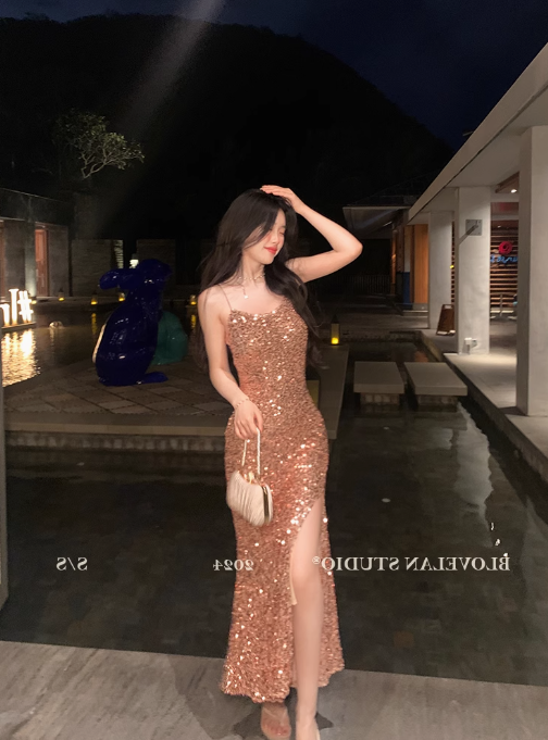 Sexy temperament high-end holiday slim slit slim hip wear suspender party long skirt R1561