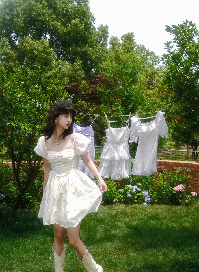 French puff sleeve white floral dress fairy temperament dress vacation R2762