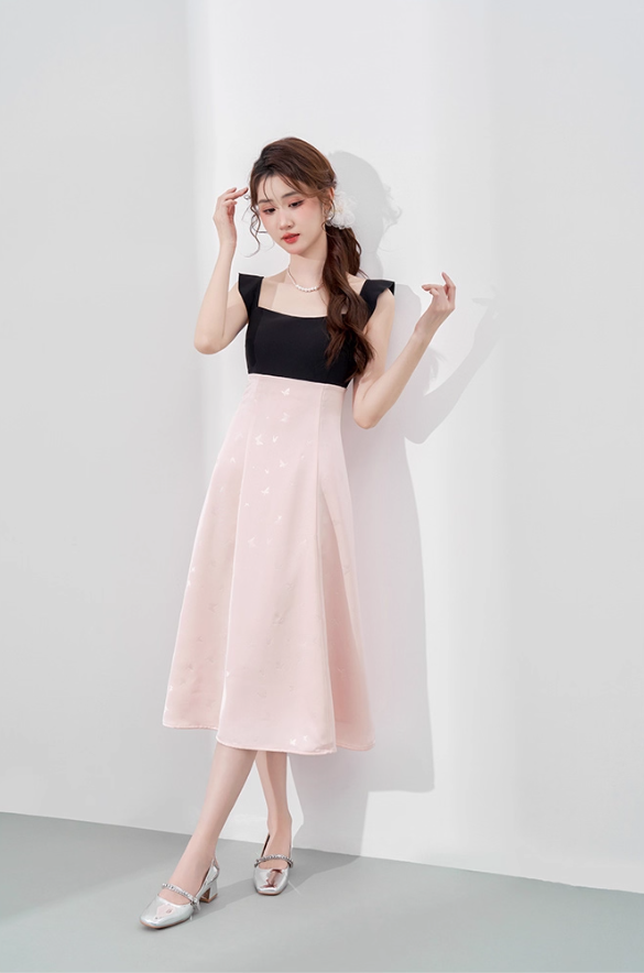 Beautiful dress new summer women's French temperament waist mid-length sleeveless pink skirt R4261