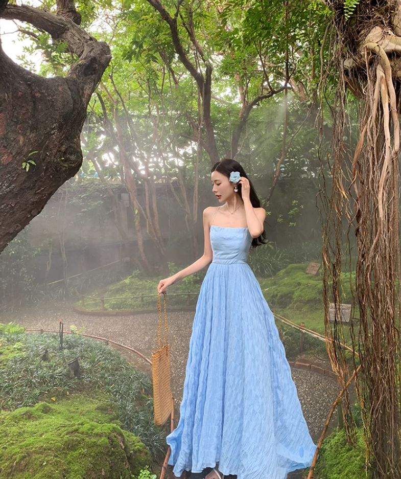 Beach dress suspenders backless dress temperament long skirt holiday style R1565